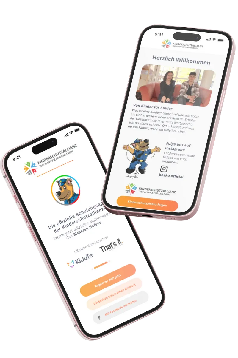 Die Kinderschutzallianz App auf zwei Smartphones