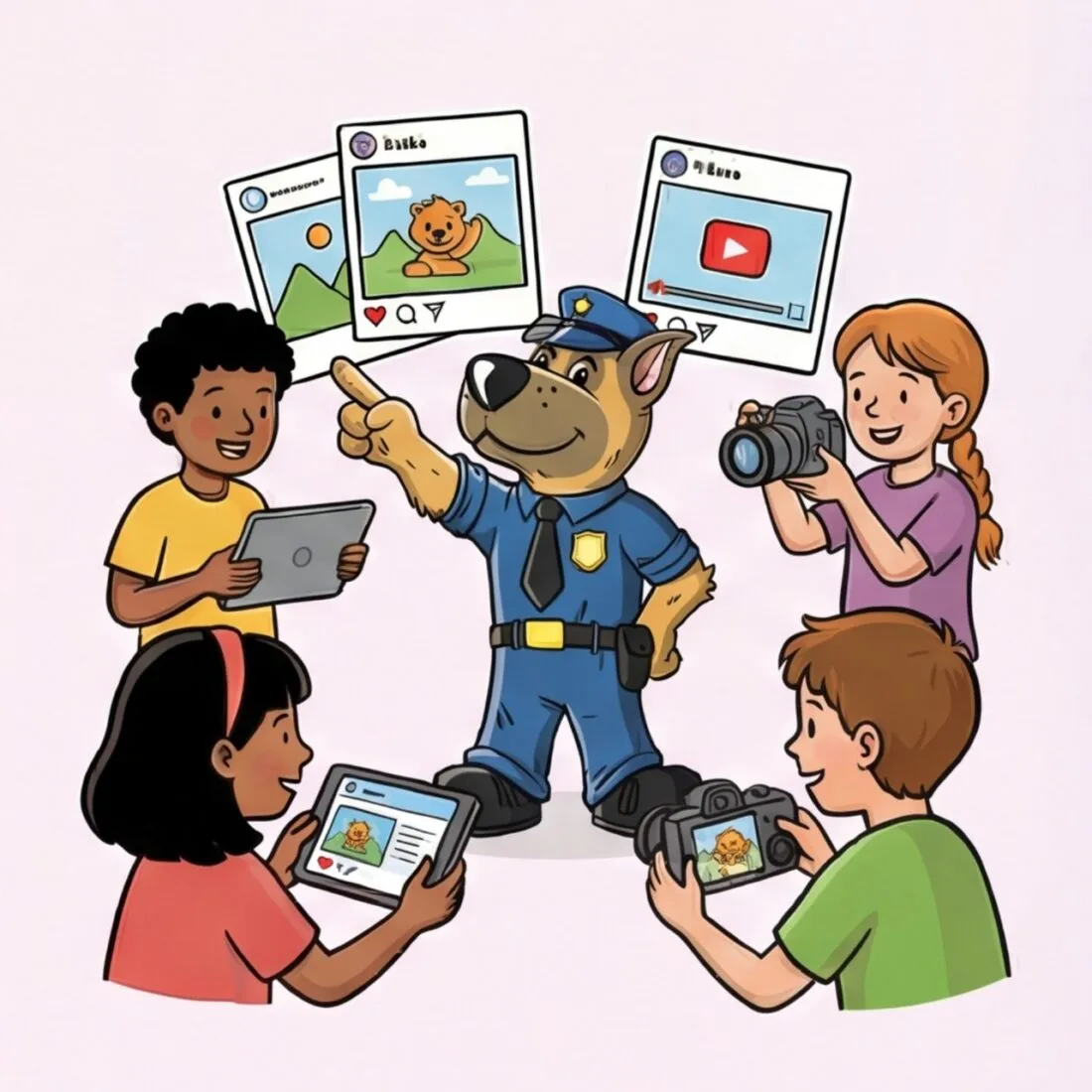 Illustration: Kinder fotografieren und filmen gemeinsam mit Basko