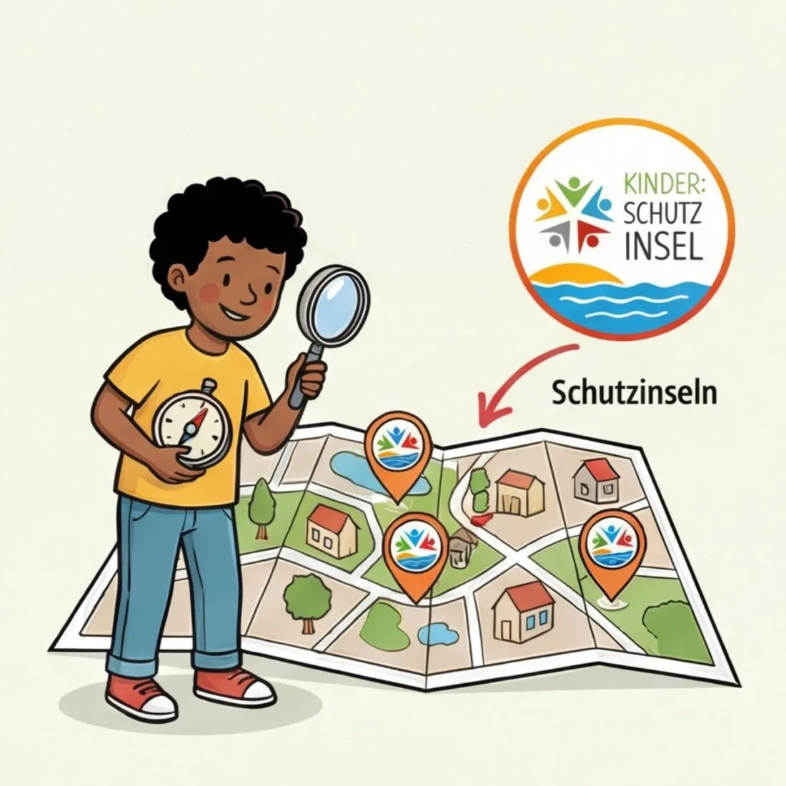 Illustration: Ein Kind sucht mit Lupe und Karte nach Kinder:Schutzinseln