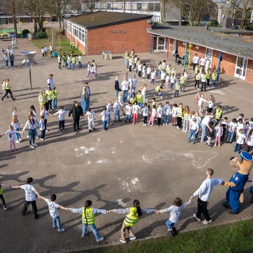 Kinder bilden mit Basko einen großen Kreis auf dem Schulhof