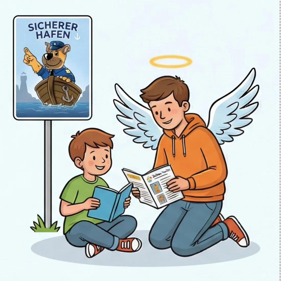 Illustration: Ein älteres Kind mit Flügeln erklärt einem jüngeren das Heft Sicherer Hafen
