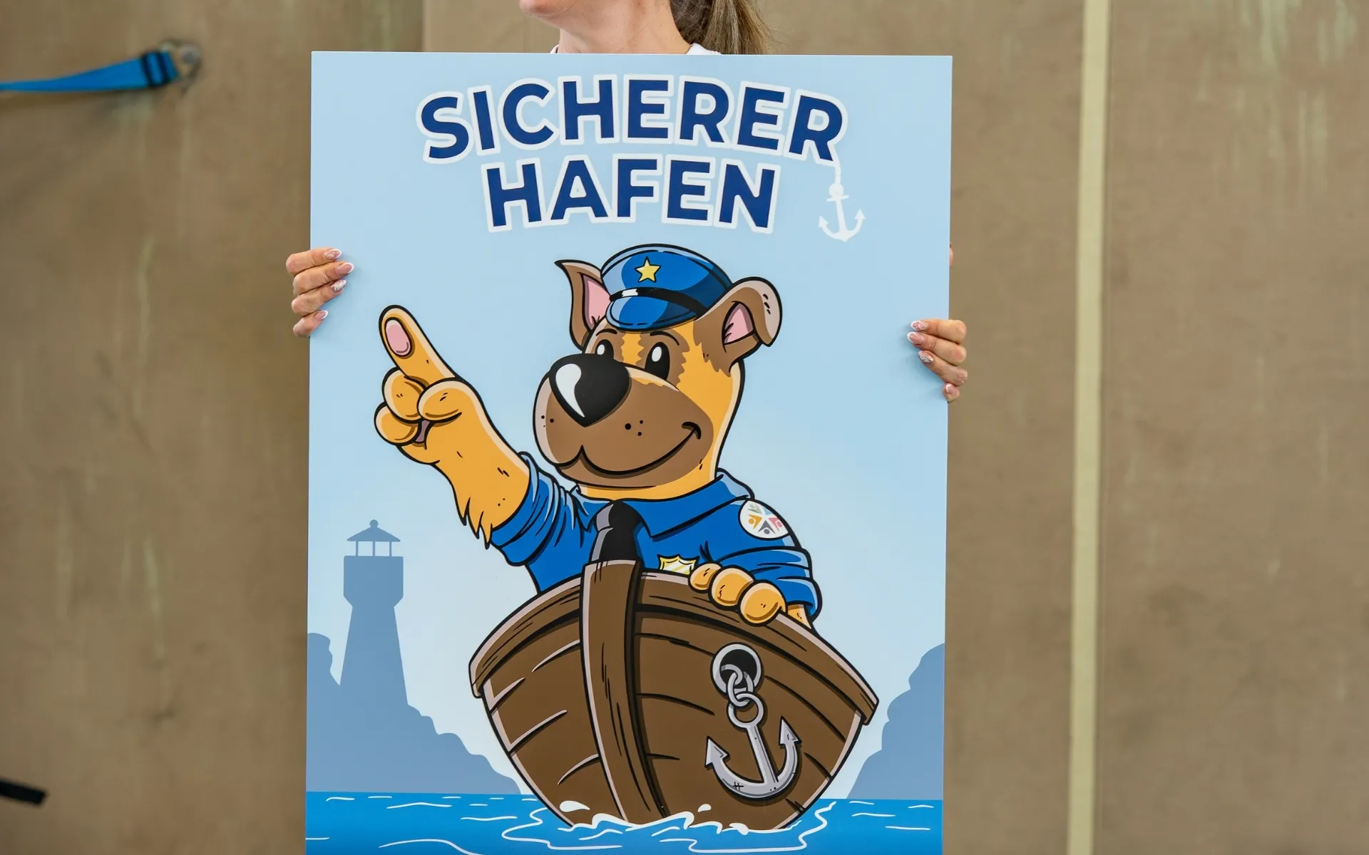 Plakat Sicherer Hafen mit Basko im Boot