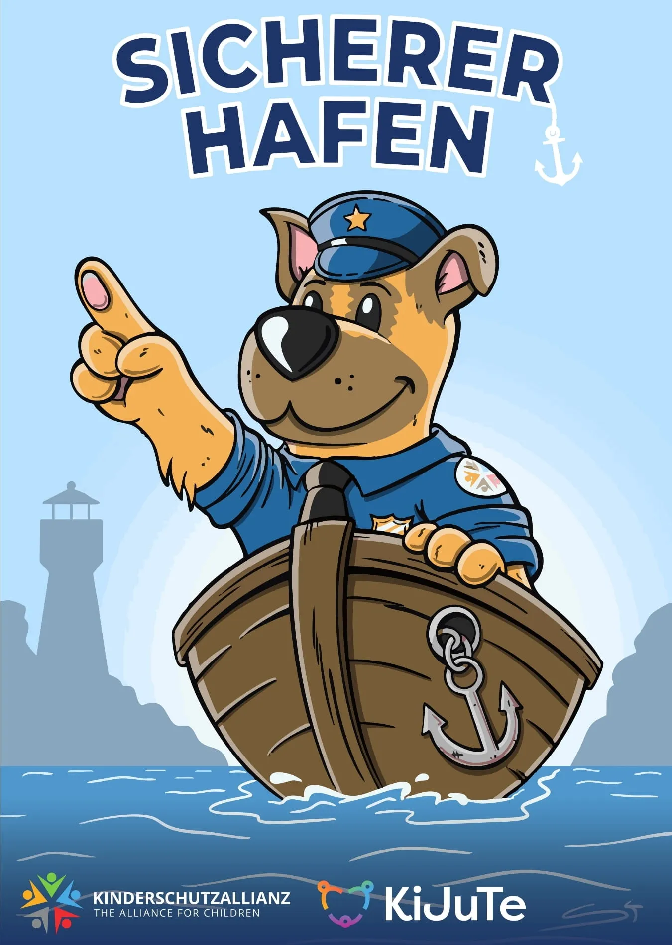 Plakat Sicherer Hafen: Basko im Boot vor einem Leuchtturm